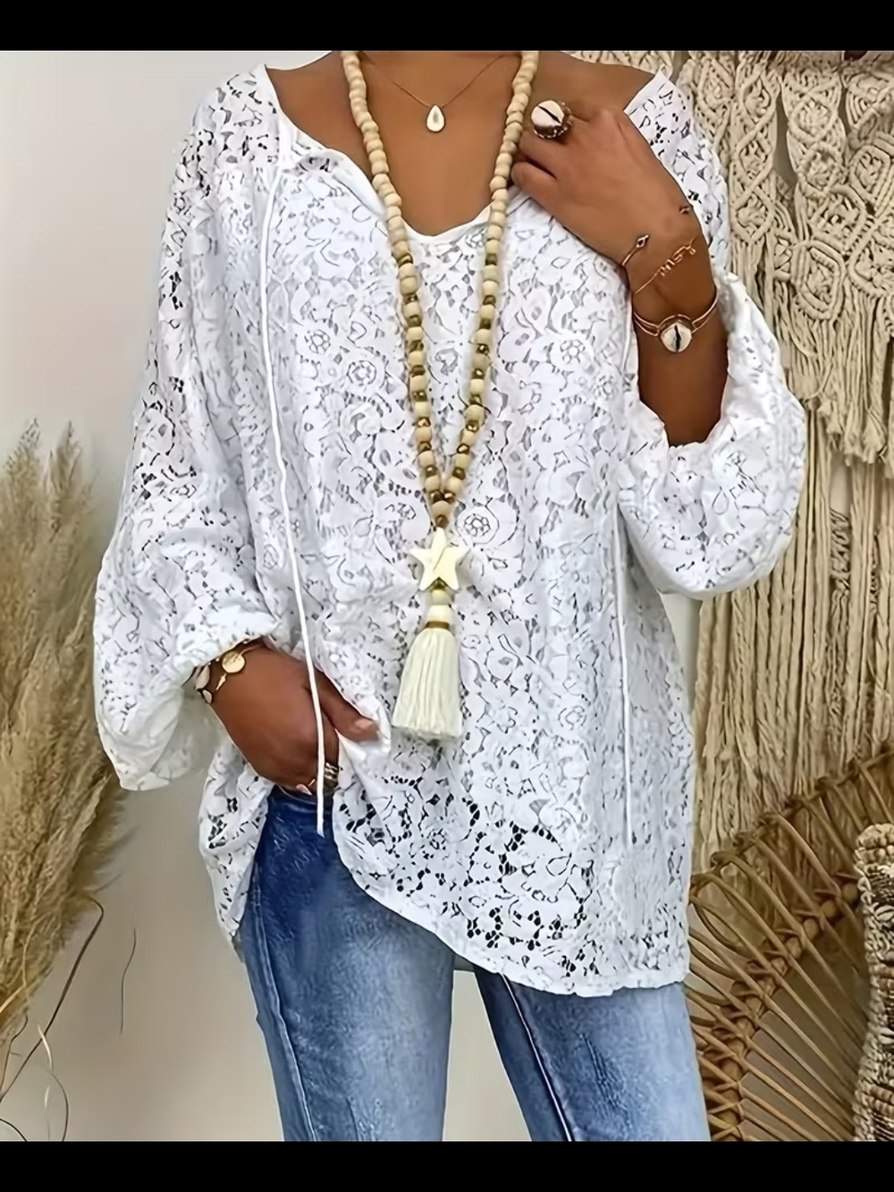 White Lace Long-Sleeve Women's Top